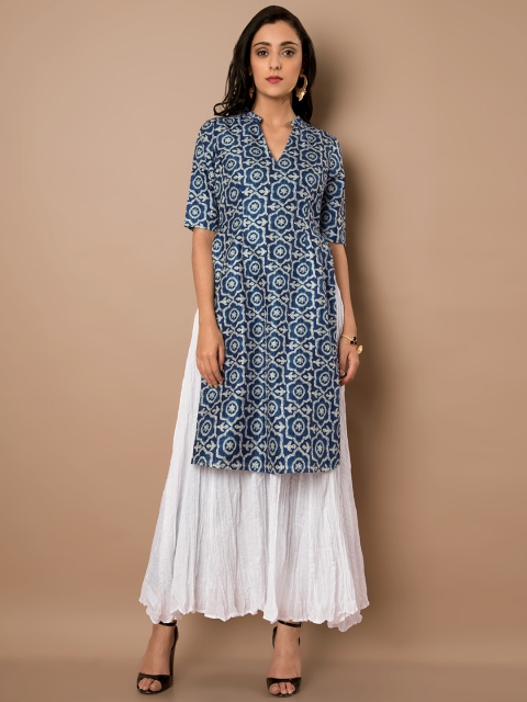 

INDYA Women Navy Blue Printed A-Line Kurta