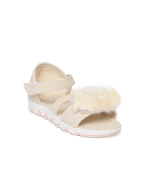 

Kittens Girls Beige Textured Open Toe Flats with Faux Fur Trim