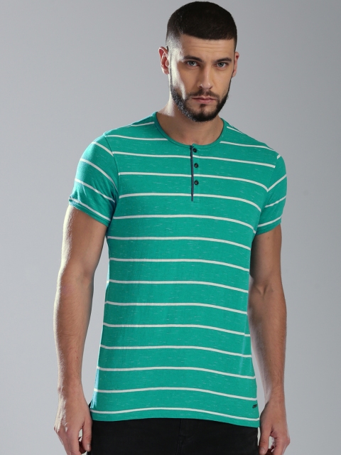 

Bossini Men Green & White Striped Henley T-shirt
