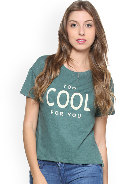 

People Women Teal Green Printed Round Neck T-shirt