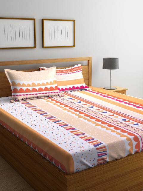 

MAFATLAL Peach-Coloured & White Geometric Flat 180 TC Cotton 1 Queen Bedsheet with 2 Pillow Covers