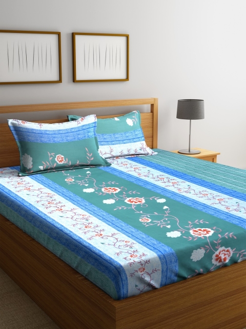 

MAFATLAL Sea Green & Blue Floral Flat 180 TC Cotton 1 Queen Bedsheet with 2 Pillow Covers