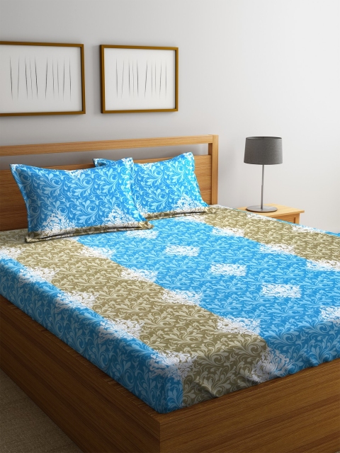 

MAFATLAL Blue & Olive Printed 180 TC Cotton 1 Queen Bedsheet with 2 Pillow Covers