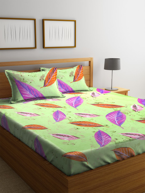

MAFATLAL Green & Pink Floral Flat 180 TC Cotton 1 Queen Bedsheet with 2 Pillow Covers