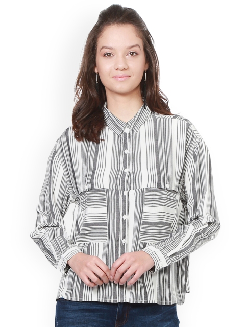 

People Women Grey & White Regular Fit Striped Casual Shirt