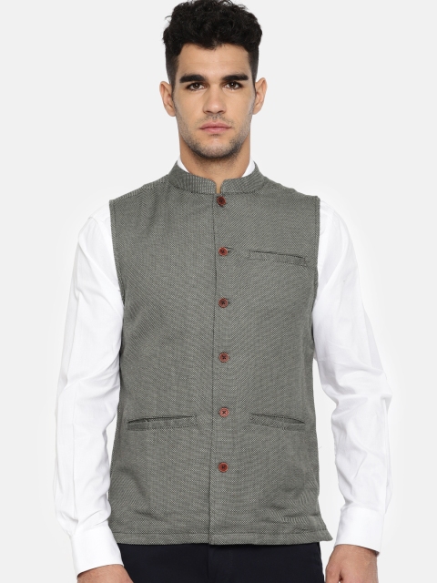 

Melange by Lifestyle Men Charcoal Grey Self-Design Pure Cotton Nehru Jacket