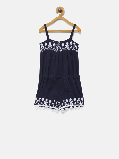 

Fairies Forever Girls Navy Blue & White Linen Self Design Playsuit