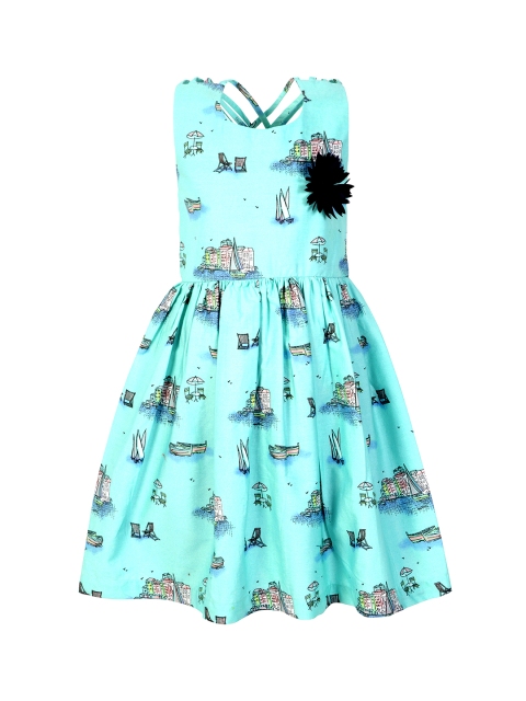 

Stylo Bug Girls Turquoise Blue Printed Fit & Flare Dress
