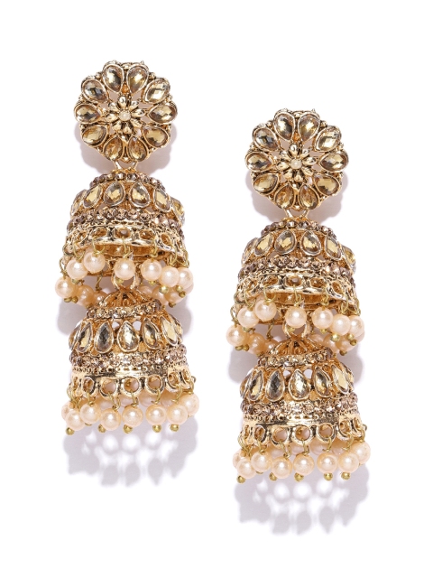 

damani Off-White Antique Gold-Plated Stone-Studded Dome Shaped Jhumkas