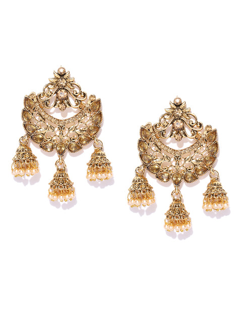 

damani Off-White Antique Gold-Plated Stone-Studded Crescent Shaped Chandbalis