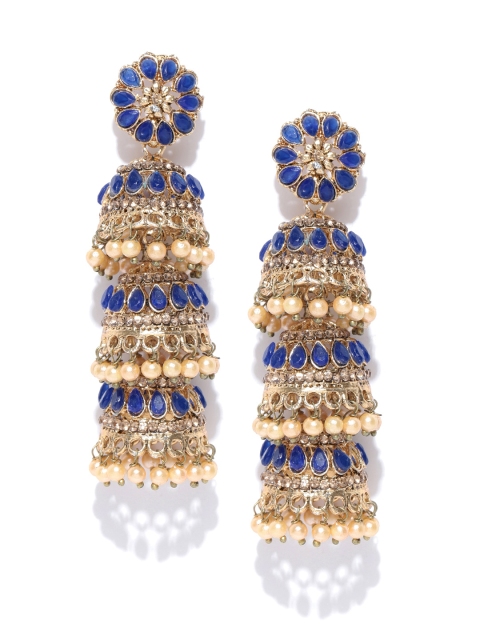 

damani Blue Gold-Plated Stone- Studded & Beaded Dome Shaped Jhumkas