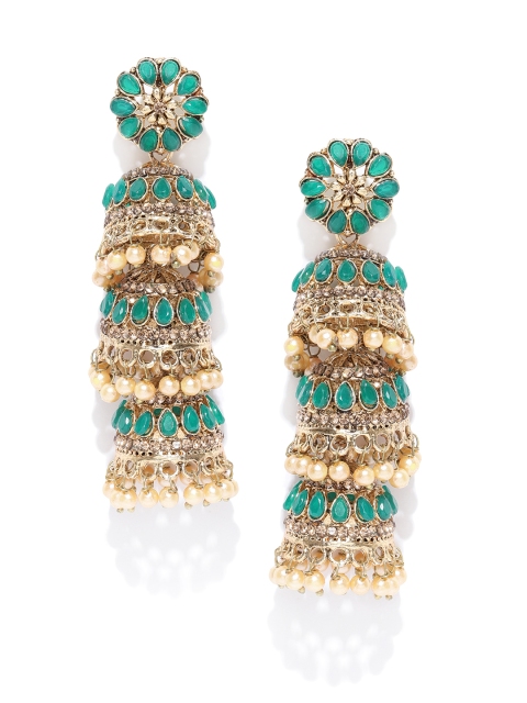 

damani Green Antique Gold-Plated Stone-Studded & Beaded Dome Shaped Jhumkas