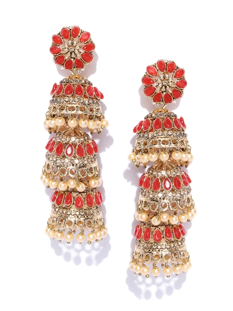 

damani Red & Off-White Antique Gold-Plated Stone-Studded Dome Shaped Jhumkas