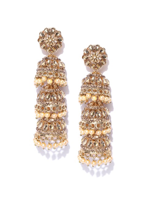 

damani Cream-Coloured Antique Gold-Plated Stone-Studded Dome Shaped Jhumkas