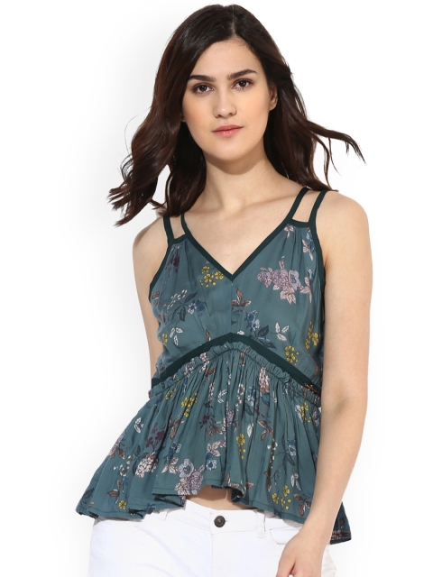 

Magzayra Women Teal Blue Floral Print Peplum Top