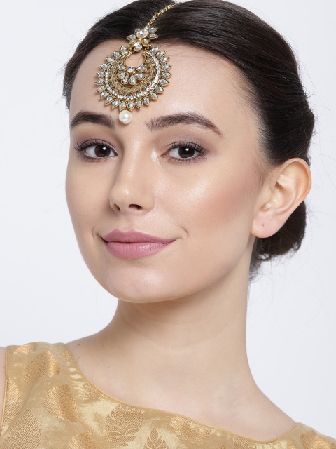 

damani Antique Gold-Plated Stone-Studded Maang Tika
