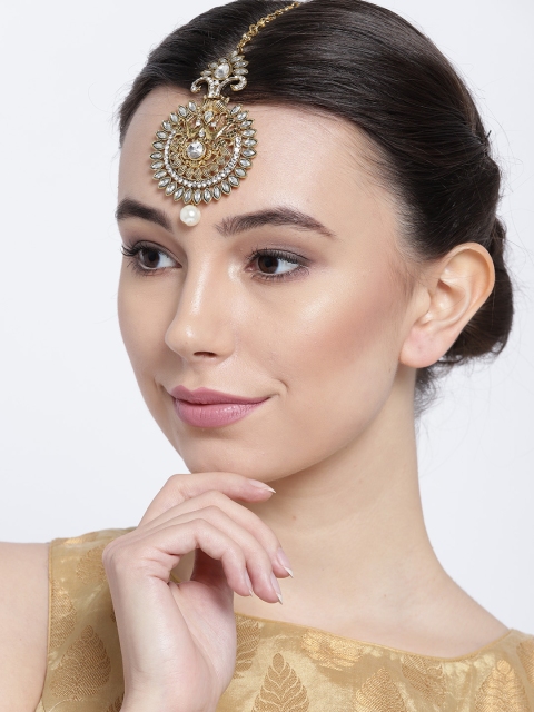 

damani Antique Gold-Plated Stone-Studded Maang Tika