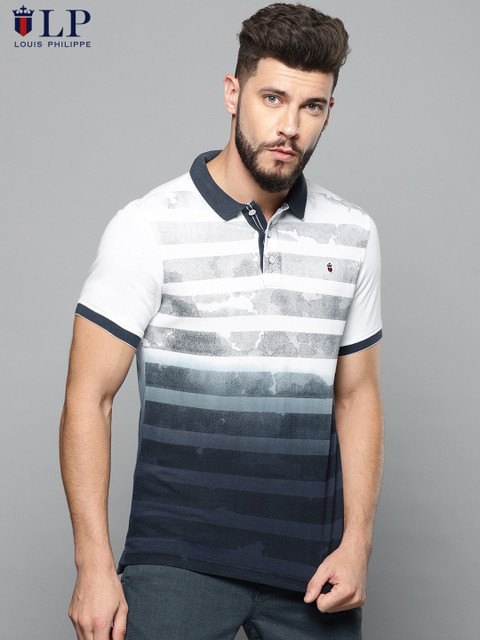 

Louis Philippe Sport Men Blue & White Striped Polo Collar T-shirt