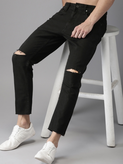 

HERE&NOW Men Black Slim Fit Mid-Rise Slash Knee Stretchable Cropped Jeans