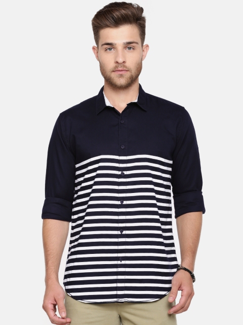 

Breakbounce Men Navy Blue Striped Slim Fit Casual Shirt