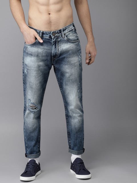 

HERE&NOW Men Blue Tapered Fit Mid-Rise Mildly Distressed Cropped Jeans