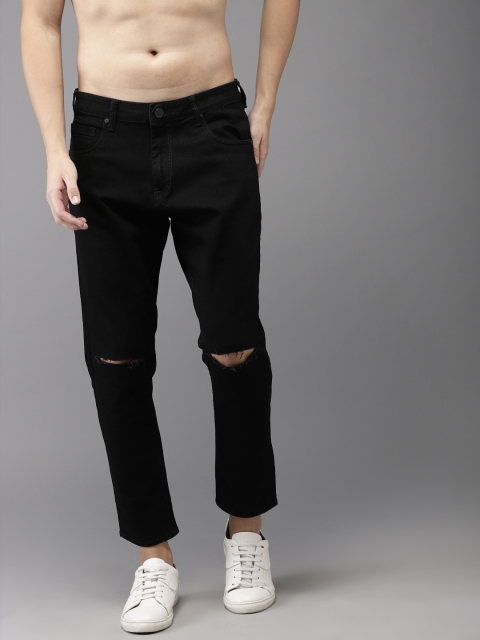 

HERE&NOW Men Black Slim Fit Mid-Rise Slash Knee Stretchable Cropped Jeans