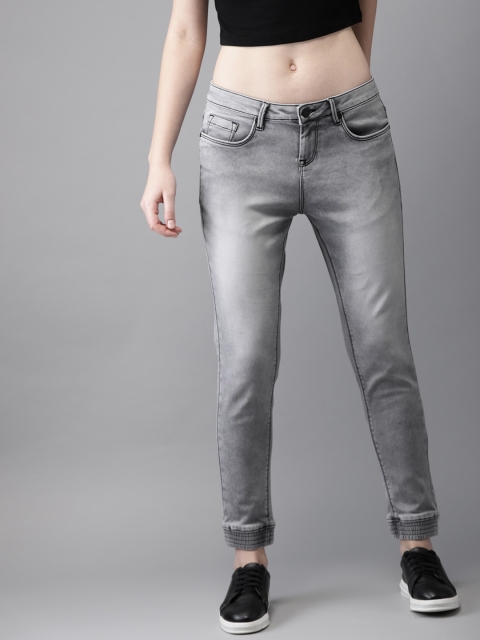 

HERE&NOW Women Grey Mid-Rise Clean Look Stretchable Cropped Jogger Jeans