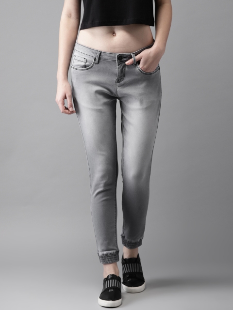 

HERE&NOW Women Grey Mid-Rise Clean Look Stretchable Cropped Jogger Jeans