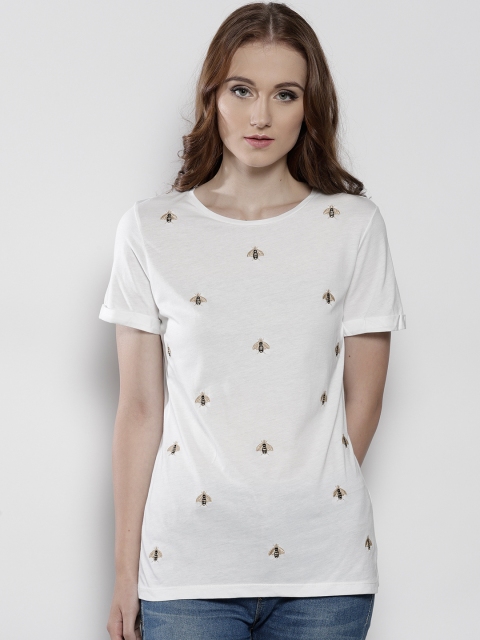 

DOROTHY PERKINS Women White Embroidered Round Neck T-shirt