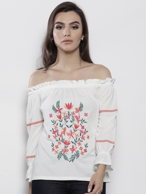 

DOROTHY PERKINS Women White Embroidered Bardot Top