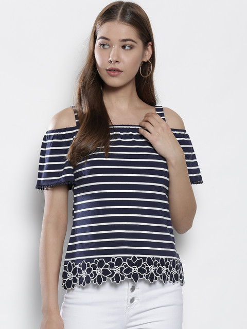 

DOROTHY PERKINS Women Navy Blue Striped Bardot Pure Cotton Top