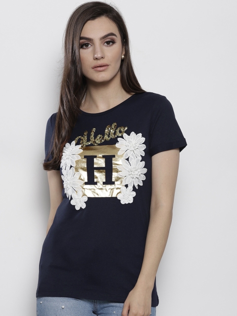 

DOROTHY PERKINS Women Navy Blue Embellished Round Neck T-shirt