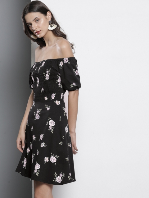 

DOROTHY PERKINS Women Black & Off-White Printed A-Line Dress