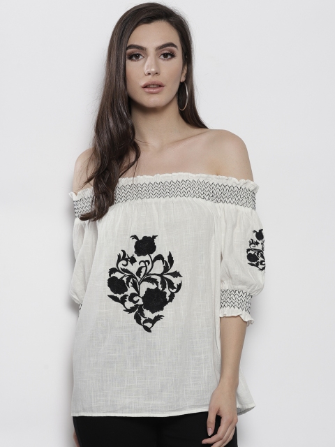 

DOROTHY PERKINS Women White Embroidered Bardot Top