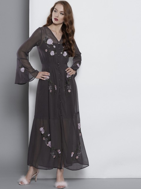 

DOROTHY PERKINS Women Charcoal Grey Embroidered Maxi Dress