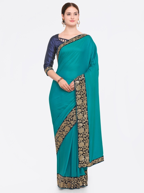 

Indian Women Green & Navy Blue Silk Blend Embroidered Saree