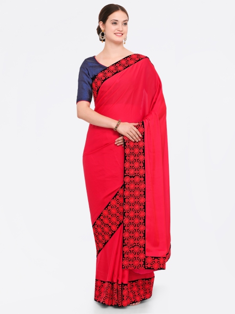 

Indian Women Red & Navy Blue Satin Embroidered Saree