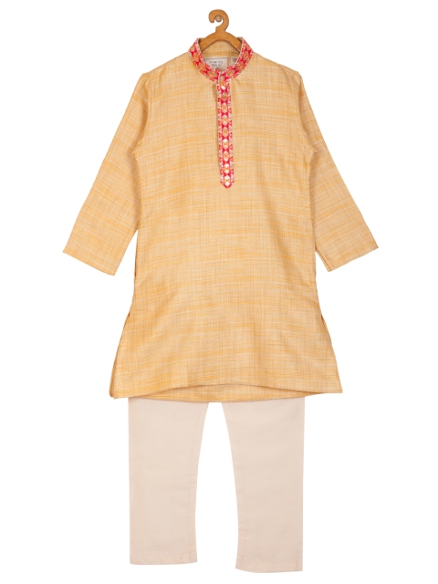 

KISAH Boys Yellow & Off-White Embroidered Kurta with Pyjamas