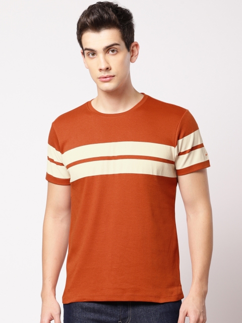 

ether Men Rust Orange Striped Round Neck T-shirt