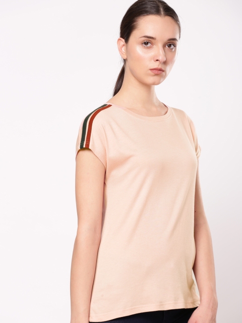 

ether Women Peach-Coloured Solid Round Neck T-shirt