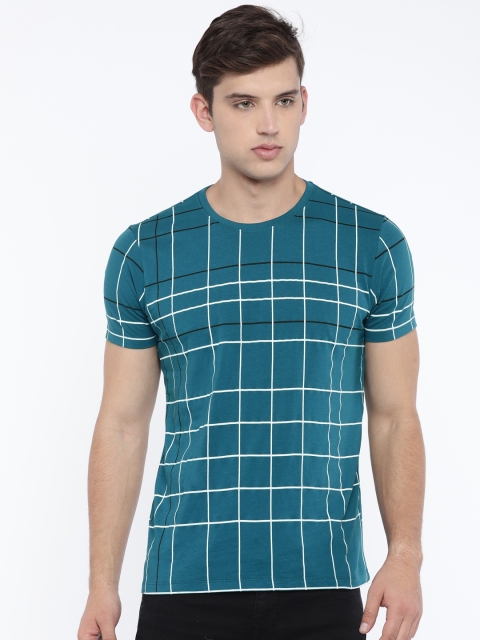

ether Men Blue White Checked Round Neck Pure Cotton T-shirt