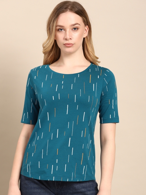 

ether Women Teal Blue Printed Round Neck Pure Cotton T-shirt