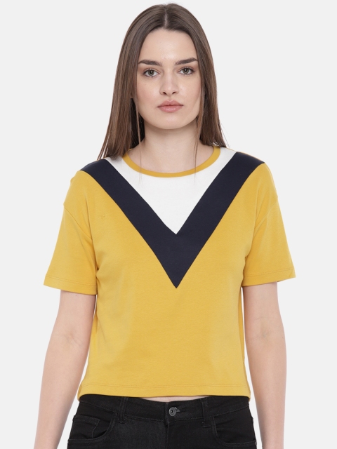 

ether Women Mustard & White Colourblocked Round Neck T-shirt