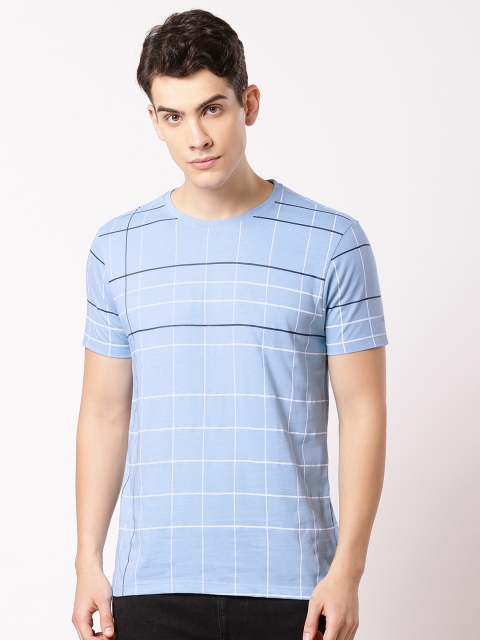 

ether Men Blue White Checked Round Neck Pure Cotton T-shirt