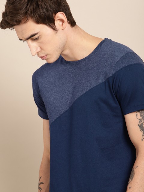 

ether Men Blue Solid Round Neck T-shirt