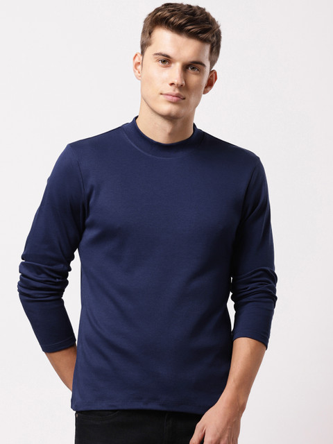 

ether Men Blue Solid Round Neck T-shirt