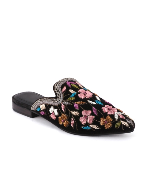 

London Rag Women Black Embroidered & Embellished Suede Mules