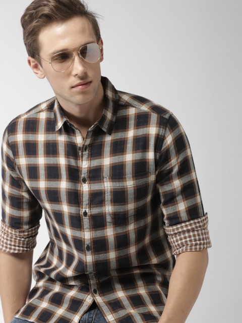 

Harvard Men Navy & Brown Slim Fit Checked Casual Shirt, Navy blue