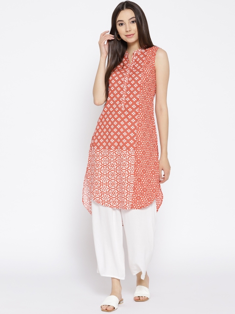 

Rangriti Women Coral Red & White Printed High-Low Straight Kurta