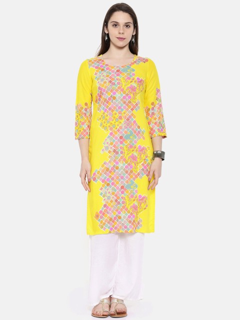 

Rangriti Women Yellow & Blue Printed Straight Kurta